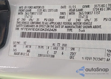 2016 Ford F-150 Xlt z USA, uszkodzony, nr VIN 1FTEW1EGXGKD02426